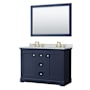 Wyndham Collection Avery 48" Free Standing Double Basin Vanity Set with Cabinet, Marble Vanity Top, and Framed Mirror Dark Blue / White Carrara Marble Top / Brushed Gold Hardware