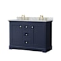 Wyndham Collection Avery 48" Free Standing Double Basin Vanity Set with Cabinet and Marble Vanity Top Dark Blue / White Carrara Marble Top / Brushed Gold Hardware