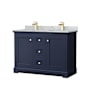 Wyndham Collection Avery 48" Free Standing Double Basin Vanity Set with Cabinet and Marble Vanity Top Dark Blue / White Carrara Marble Top / Brushed Gold Hardware