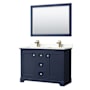 Wyndham Collection Avery 48" Free Standing Double Basin Vanity Set with Cabinet, Quartz Vanity Top, and Framed Mirror Dark Blue / Giotto Quartz Top / Brushed Gold Hardware