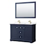 Wyndham Collection Avery 48" Free Standing Double Basin Vanity Set with Cabinet, Cultured Marble Vanity Top, and Framed Mirror Dark Blue / White Cultured Marble Top / Brushed Gold Hardware