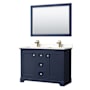 Wyndham Collection Avery 48" Free Standing Double Basin Vanity Set with Cabinet, Quartz Vanity Top, and Framed Mirror Dark Blue / White Quartz Top / Brushed Gold Hardware