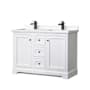 Wyndham Collection Avery 48" Free Standing Double Basin Vanity Set with Cabinet and Cultured Marble Vanity Top White / Carrara Cultured Marble Top / Matte Black Hardware