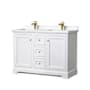Wyndham Collection Avery 48" Free Standing Double Basin Vanity Set with Cabinet and Cultured Marble Vanity Top White / Carrara Cultured Marble Top / Brushed Gold Hardware