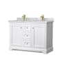 Wyndham Collection Avery 48" Free Standing Double Basin Vanity Set with Cabinet and Marble Vanity Top White / White Carrara Marble Top / Brushed Gold Hardware