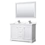 Wyndham Collection Avery 48" Free Standing Double Basin Vanity Set with Cabinet, Cultured Marble Vanity Top, and Framed Mirror White / Carrara Cultured Marble Top / Polished Chrome Hardware