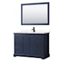 Wyndham Collection Avery 48" Free Standing Single Basin Vanity Set with Cabinet, Cultured Marble Vanity Top, and Framed Mirror Dark Blue / Carrara Cultured Marble Top / Matte Black Hardware