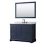 Wyndham Collection Avery 48" Free Standing Single Basin Vanity Set with Cabinet, Marble Vanity Top, and Framed Mirror Dark Blue / White Carrara Marble Top / Matte Black Hardware