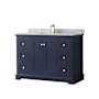 Wyndham Collection Avery 48" Free Standing Single Basin Vanity Set with Cabinet and Marble Vanity Top Dark Blue / White Carrara Marble Top / Brushed Gold Hardware