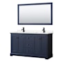 Wyndham Collection Avery 60" Free Standing Double Basin Vanity Set with Cabinet, Cultured Marble Vanity Top, and Framed Mirror Dark Blue / Carrara Cultured Marble Top / Matte Black Hardware