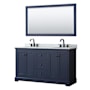 Wyndham Collection Avery 60" Free Standing Double Basin Vanity Set with Cabinet, Marble Vanity Top, and Framed Mirror Dark Blue / White Carrara Marble Top / Matte Black Hardware