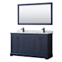 Wyndham Collection Avery 60" Free Standing Double Basin Vanity Set with Cabinet, Marble Vanity Top, and Framed Mirror Dark Blue / White Carrara Marble Top / Matte Black Hardware