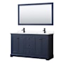 Wyndham Collection Avery 60" Free Standing Double Basin Vanity Set with Cabinet, Cultured Marble Vanity Top, and Framed Mirror Dark Blue / White Cultured Marble Top / Matte Black Hardware