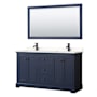 Wyndham Collection Avery 60" Free Standing Double Basin Vanity Set with Cabinet, Quartz Vanity Top, and Framed Mirror Dark Blue / White Quartz Top / Matte Black Hardware