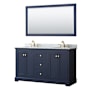 Wyndham Collection Avery 60" Free Standing Double Basin Vanity Set with Cabinet, Marble Vanity Top, and Framed Mirror Dark Blue / White Carrara Marble Top / Brushed Gold Hardware