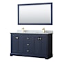 Wyndham Collection Avery 60" Free Standing Double Basin Vanity Set with Cabinet, Marble Vanity Top, and Framed Mirror Dark Blue / White Carrara Marble Top / Brushed Gold Hardware