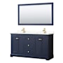 Wyndham Collection Avery 60" Free Standing Double Basin Vanity Set with Cabinet, Quartz Vanity Top, and Framed Mirror Dark Blue / Giotto Quartz Top / Brushed Gold Hardware