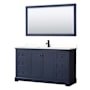 Wyndham Collection Avery 60" Free Standing Single Basin Vanity Set with Cabinet, Quartz Vanity Top, and Framed Mirror Dark Blue / White Quartz Top / Matte Black Hardware