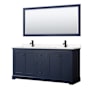 Wyndham Collection Avery 72" Free Standing Double Basin Vanity Set with Cabinet, Cultured Marble Vanity Top, and Framed Mirror Dark Blue / Carrara Cultured Marble Top / Matte Black Hardware