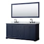 Wyndham Collection Avery 72" Free Standing Double Basin Vanity Set with Cabinet, Marble Vanity Top, and Framed Mirror Dark Blue / White Carrara Marble Top / Matte Black Hardware