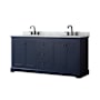 Wyndham Collection Avery 72" Free Standing Double Basin Vanity Set with Cabinet and Marble Vanity Top Dark Blue / White Carrara Marble Top / Matte Black Hardware