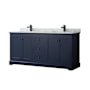 Wyndham Collection Avery 72" Free Standing Double Basin Vanity Set with Cabinet and Marble Vanity Top Dark Blue / White Carrara Marble Top / Matte Black Hardware