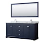 Wyndham Collection Avery 72" Free Standing Double Basin Vanity Set with Cabinet, Marble Vanity Top, and Framed Mirror Dark Blue / Polished Chrome Hardware