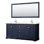 Wyndham Collection Avery 72" Free Standing Double Basin Vanity Set with Cabinet, Cultured Marble Vanity Top, and Framed Mirror Dark Blue / Carrara Cultured Marble Top / Brushed Gold Hardware