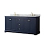 Wyndham Collection Avery 72" Free Standing Double Basin Vanity Set with Cabinet and Marble Vanity Top Dark Blue / White Carrara Marble Top / Brushed Gold Hardware