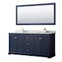 Wyndham Collection Avery 72" Free Standing Double Basin Vanity Set with Cabinet, Marble Vanity Top, and Framed Mirror Dark Blue / White Carrara Marble Top / Brushed Gold Hardware