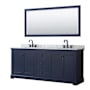 Wyndham Collection Avery 80" Free Standing Double Basin Vanity Set with Cabinet, Marble Vanity Top, and Framed Mirror Dark Blue / White Carrara Marble Top / Matte Black Hardware