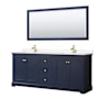 Wyndham Collection Avery 80" Free Standing Double Basin Vanity Set with Cabinet, Cultured Marble Vanity Top, and Framed Mirror Dark Blue / Carrara Cultured Marble Top / Brushed Gold Hardware