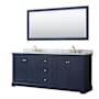 Wyndham Collection Avery 80" Free Standing Double Basin Vanity Set with Cabinet, Marble Vanity Top, and Framed Mirror Dark Blue / White Carrara Marble Top / Brushed Gold Hardware