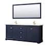 Wyndham Collection Avery 80" Free Standing Double Basin Vanity Set with Cabinet, Quartz Vanity Top, and Framed Mirror Dark Blue / White Quartz Top / Brushed Gold Hardware