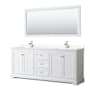 Wyndham Collection Avery 80" Free Standing Double Basin Vanity Set with Cabinet, Cultured Marble Vanity Top, and Framed Mirror White / Carrara Cultured Marble Top / Brushed Gold Hardware