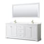 Wyndham Collection Avery 80" Free Standing Double Basin Vanity Set with Cabinet, Cultured Marble Vanity Top, and Framed Mirror White / White Cultured Marble Top / Brushed Gold Hardware
