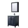 Wyndham Collection Daria 30" Free Standing Single Basin Vanity Set with Cabinet, Cultured Marble Vanity Top, and Medicine Cabinet Dark Blue / Carrara Cultured Marble Top / Matte Black Hardware