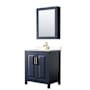 Wyndham Collection Daria 30" Free Standing Single Basin Vanity Set with Cabinet, Cultured Marble Vanity Top, and Medicine Cabinet Dark Blue / Carrara Cultured Marble Top / Brushed Gold Hardware