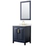 Wyndham Collection Daria 30" Free Standing Single Basin Vanity Set with Cabinet, Quartz Vanity Top, and Framed Mirror Dark Blue / Giotto Quartz Top / Brushed Gold Hardware