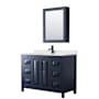 Wyndham Collection Daria 48" Free Standing Single Basin Vanity Set with Cabinet, Quartz Vanity Top, and Medicine Cabinet Dark Blue / Giotto Quartz Top / Matte Black Hardware