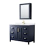 Wyndham Collection Daria 48" Free Standing Single Basin Vanity Set with Cabinet, Quartz Vanity Top, and Medicine Cabinet Dark Blue / White Quartz Top / Brushed Gold Hardware