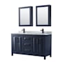 Wyndham Collection Daria 60" Free Standing Double Vanity Set with MDF Cabinet, Marble Vanity Top, 2 Undermount Sinks, and 2 Medicine Cabinets Dark Blue / White Carrara Marble Top / Matte Black Hardware