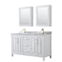 Wyndham Collection Daria 60" Free Standing Double Vanity Set with MDF Cabinet, Marble Vanity Top, 2 Undermount Sinks, and 2 Medicine Cabinets White / White Carrara Marble Top / Brushed Gold Hardware