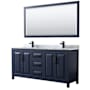 Wyndham Collection Daria 72" Free Standing Double Vanity Set with MDF Cabinet, Marble Vanity Top, 2 Undermount Sinks, and Framed Mirror Dark Blue / White Carrara Marble Top / Matte Black Hardware