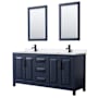 Wyndham Collection Daria 72" Free Standing Double Basin Vanity Set with Cabinet, Quartz Vanity Top, and Framed Mirror Dark Blue / White Quartz Top / Matte Black Hardware
