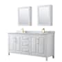 Wyndham Collection Daria 72" Free Standing Double Vanity Set with MDF Cabinet, Marble Vanity Top, 2 Undermount Sinks, and 2 Medicine Cabinets White / White Carrara Marble Top / Brushed Gold Hardware