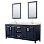 Wyndham Collection Daria 80" Free Standing Double Basin Vanity Set with Cabinet, Quartz Vanity Top, and Framed Mirror Dark Blue / Giotto Quartz Top / Brushed Gold Hardware