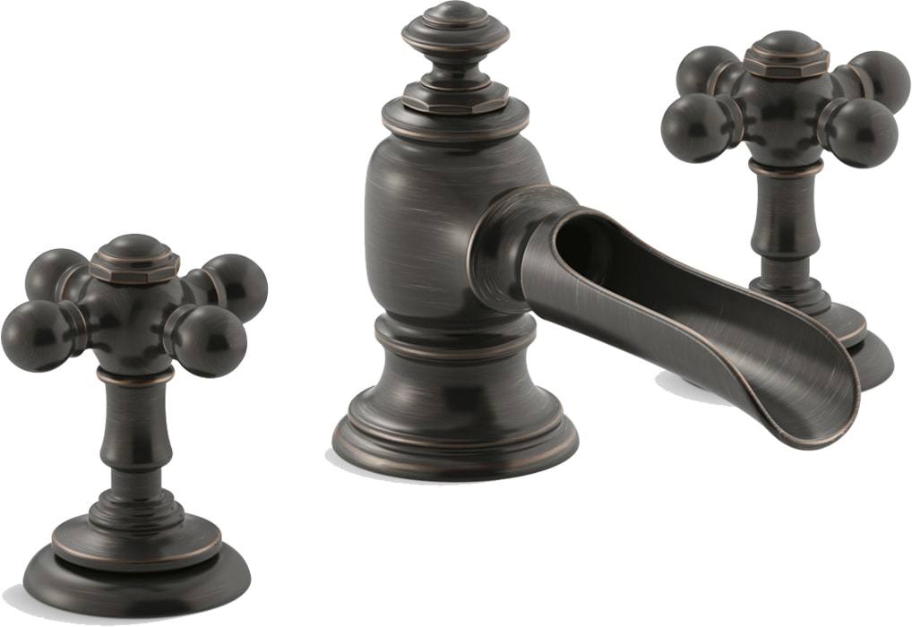 Artifacts Widespread Bathroom Faucet with Flume Spout and Cross Handles – Includes Metal Pop-Up Drain Assembly