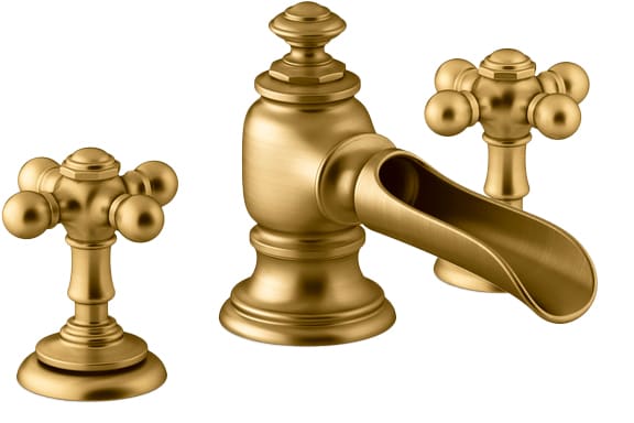 Artifacts Widespread Bathroom Faucet with Flume Spout and Cross Handles – Includes Metal Pop-Up Drain Assembly