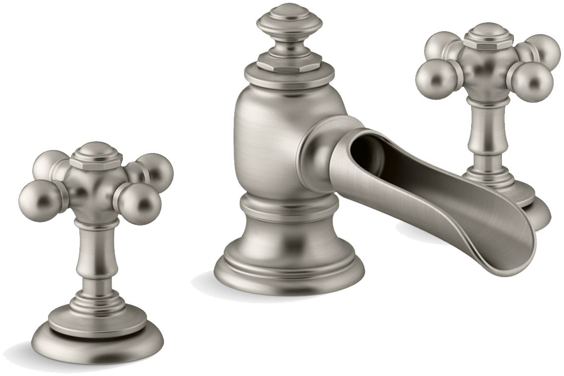 Artifacts Widespread Bathroom Faucet with Flume Spout and Cross Handles – Includes Metal Pop-Up Drain Assembly